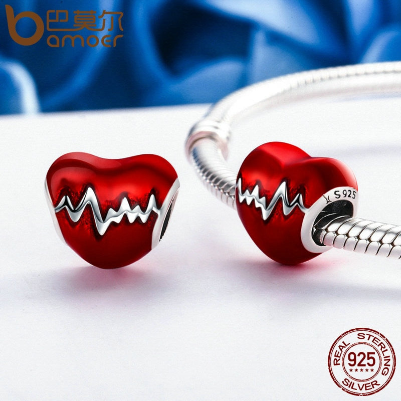 BAMOER New Arrival 100% 925 Sterling Silver Love Heart ECG &amp; Red Enamel Beads fit Charm Bracelets for Women Jewelry Gift SCC249