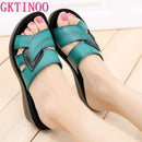 GKTINOO Damen Hausschuhe Schuhe Echtes Leder Casual Slides Damen Sommerschuhe Retro Solide Mutter Schuhe Wedges Flip Flops
