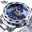 Winner Transparent Diamond Mechanical Watch Blue Stainless Steel Skeleton Watch Top Brand Luxury Business Luminous Male Clock
