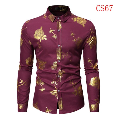 Herren Gold Rose Blumendruck Hemden Marke Floral Steampunk Chemise Weiß Langarm Hochzeit Party Bronzing Camisa Masculina