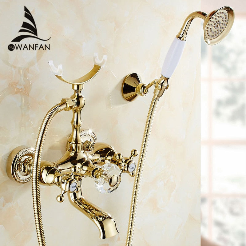 Bathtub Faucets Luxury Gold Brass Bathroom Faucet Mixer Tap Wall Mounted Hand Held Shower Head Kit Shower Faucet Sets HS-G018