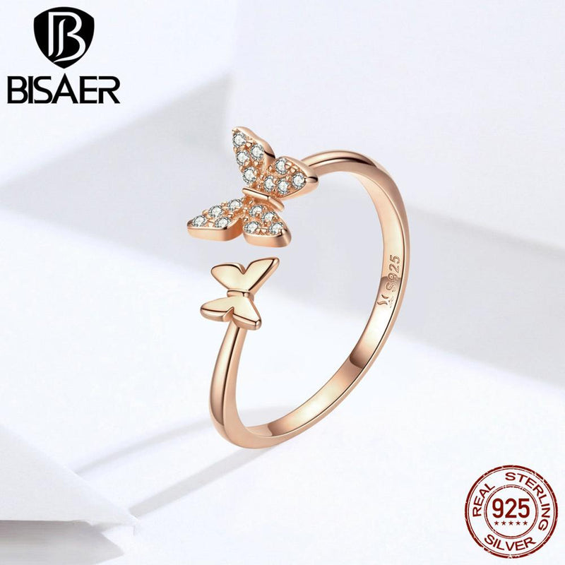 BISAER Hot Sale 925 Sterling Silver Insects Butterfly & Bee Open Rings For Women Fashion Jewelry Anneaux Engagement Ring ECR086