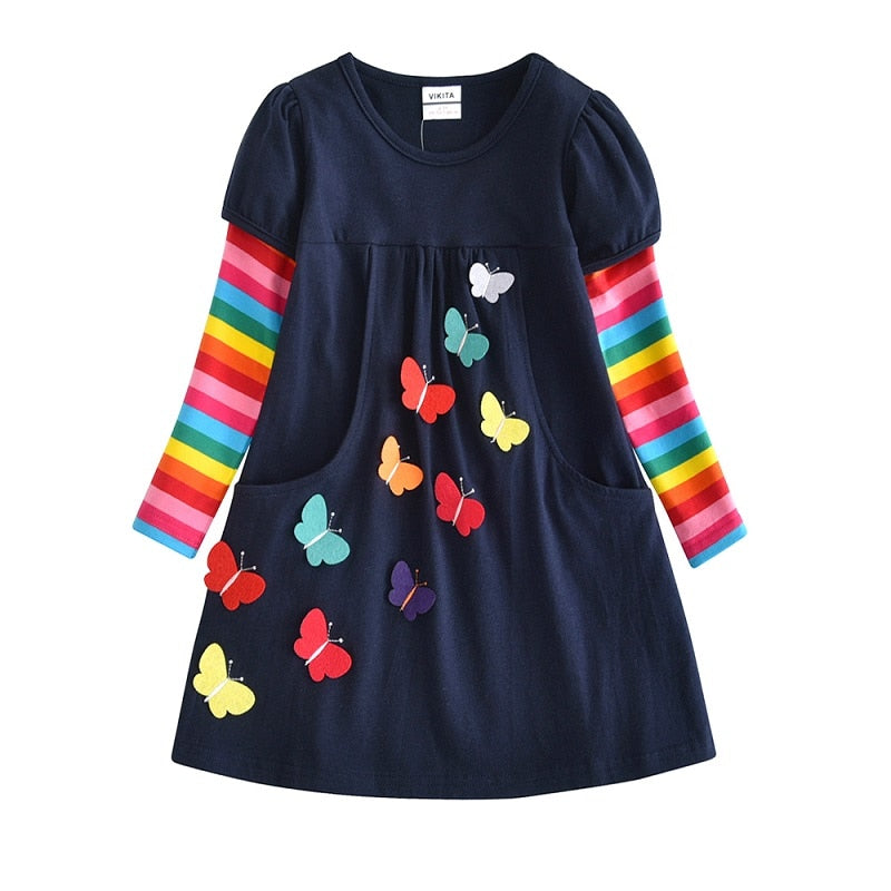 DXTON, vestidos de invierno para niñas, manga voladora, unicornio, vestido para niños, rayas de estrellas, ropa de algodón para niños pequeños, vestido informal para niñas