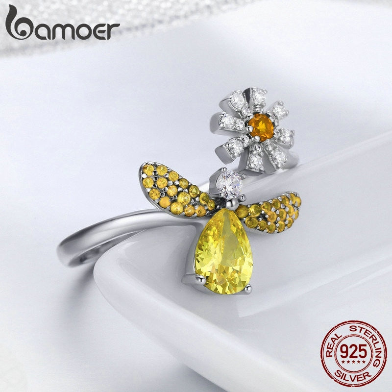 BAMOER 100% auténtica Plata de Ley 925 abeja de moda con flor de Margarita anillo de dedo de tamaño abierto para mujer joyería de fiesta SCR348