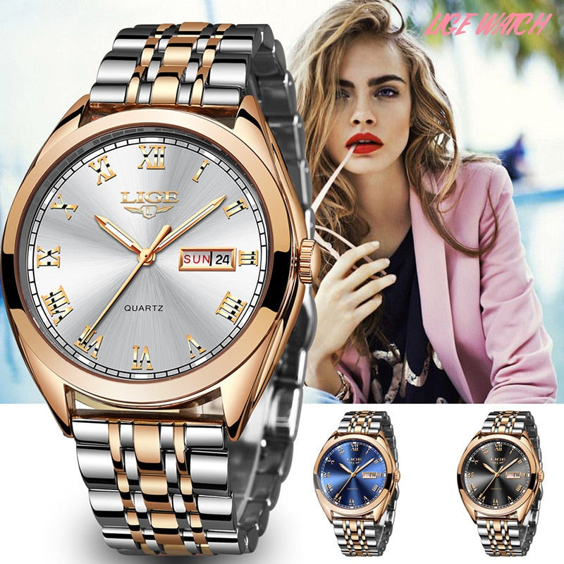 2021 LIGE Neue Rose Gold Frauen Uhr Business Quarzuhr Damen Top Marke Luxus Weibliche Armbanduhr Mädchen Uhr Relogio Feminin