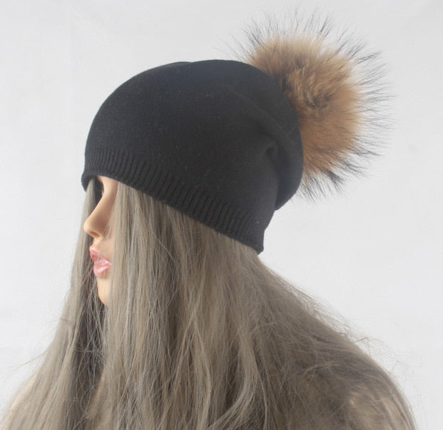 Gorro con pompón para otoño e invierno, gorros tejidos de lana para mujer, gorros informales de Cachemira para mujer, gorro con pompón de piel de mapache Real