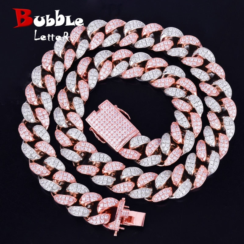 Bubble Letter 20mm Heavy Rose Color Zircon Miami Cuban Link Chain for Men Necklace Choker Hip Hop Jewelry Free Shipping Items