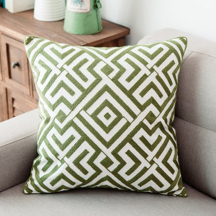 Home Decor Emboridered Cushion Cover Green Geometric Canvas Cotton Suqare Embroidery Pillow Cover 45x45cm