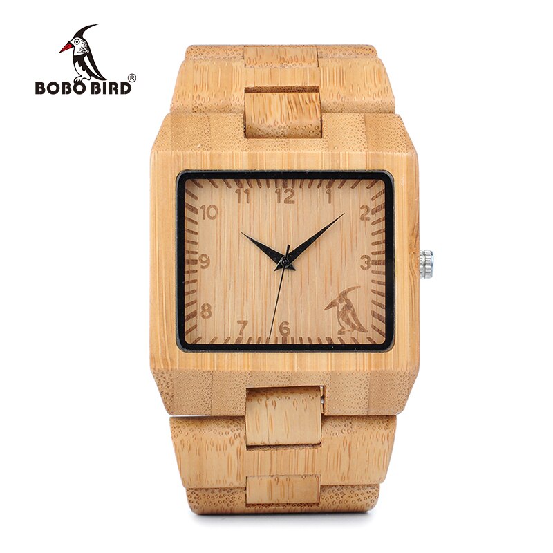 Relojes BOBO BIRD de madera de bambú para hombre, relojes de marca de lujo de diseño rectangular, reloj de banda de madera para hombre