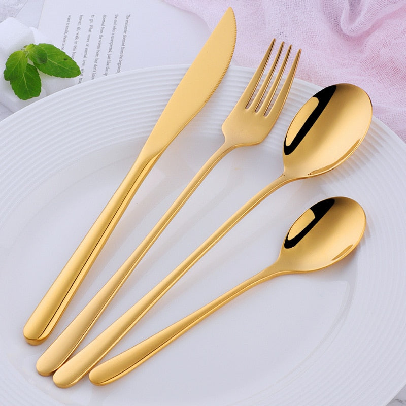 Hot Sale 4 Pcs/Set Tableware Set Stainless Steel Cutlery Long Handle Knife Spoon Fork Sald Spoon Korean Style 8 Colors Flareware