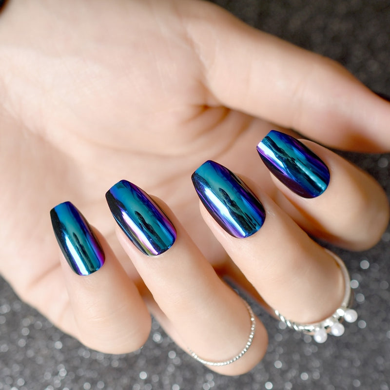 Super Holographice Coffin Nails Mirror Blue Chrome Sparkly Ballerina Fake Nails Medium Size Manicure Tips with Glue sticker