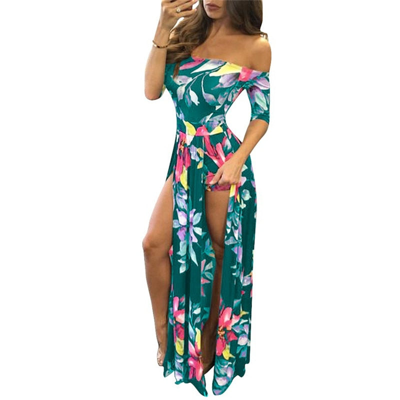 Frauen-Blumendruck-Hobo-Strand-langes Kleid-Sommer-eleganter schulterfreier Halbarm-hoher Schlitz-Partei-Kleider-Ausstattungs-Strand Vestidos