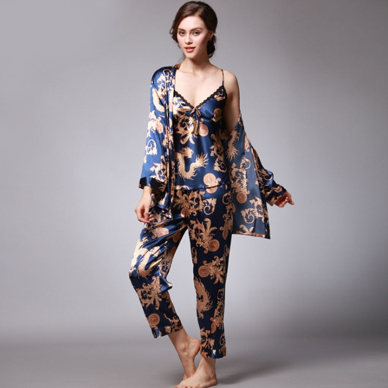 SSH008 Women Satin Silk Pajama Set Female 3pcs Full Sleeves Sleepwear Loungewear Women Nightgown Spring Autumn Nightwear Pajamas