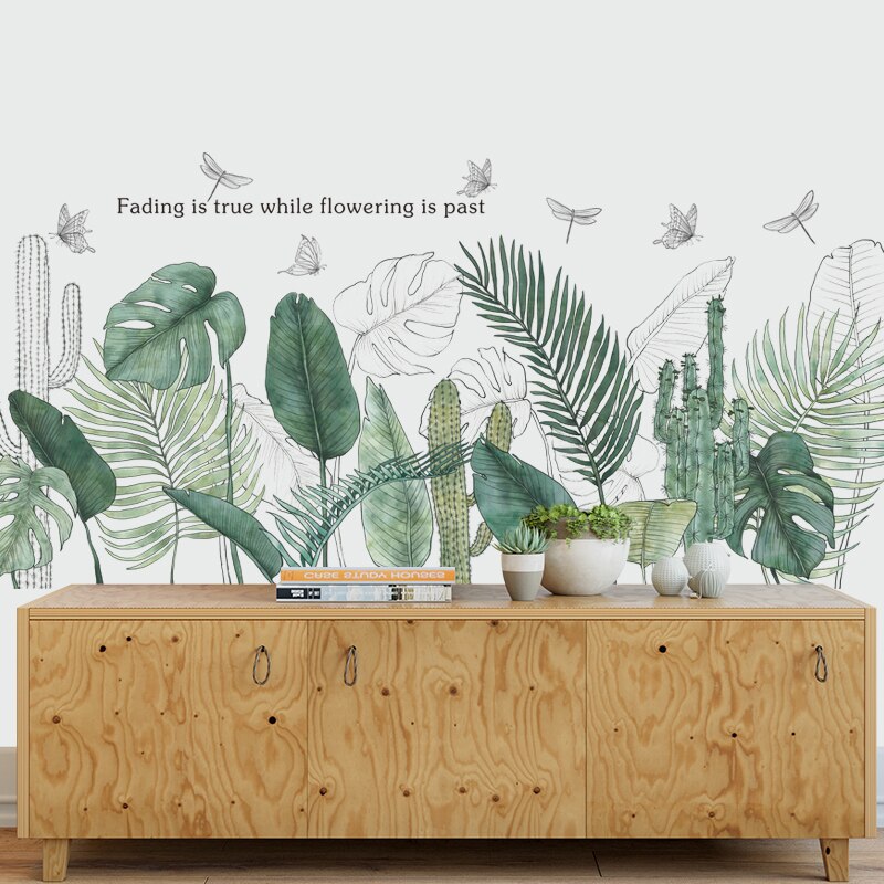 Pegatinas de pared de hojas verdes de plantas tropicales para sala de estar, dormitorio, baño, habitación de niños, calcomanías de vinilo para pared, murales artísticos, decoración del hogar