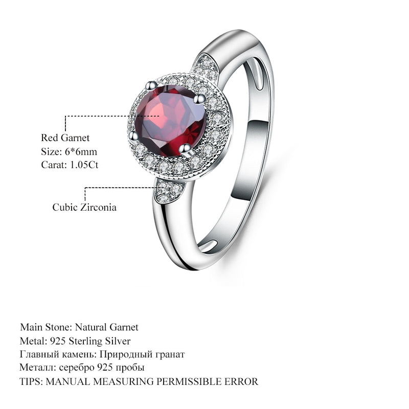 GEM'S BALLET 1.05Ct Round Natural Red Garnet Classic Gemstone Ring 100% 925 Sterling Silver Wedding Rings for Women Fine Jewelry