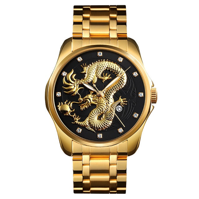 2020 SKMEI Luxus Chinesische Drachen Muster Männer Goldene Quarzuhr Männliche Uhren Wasserdichte Armbanduhren Relogio Masculino 9193