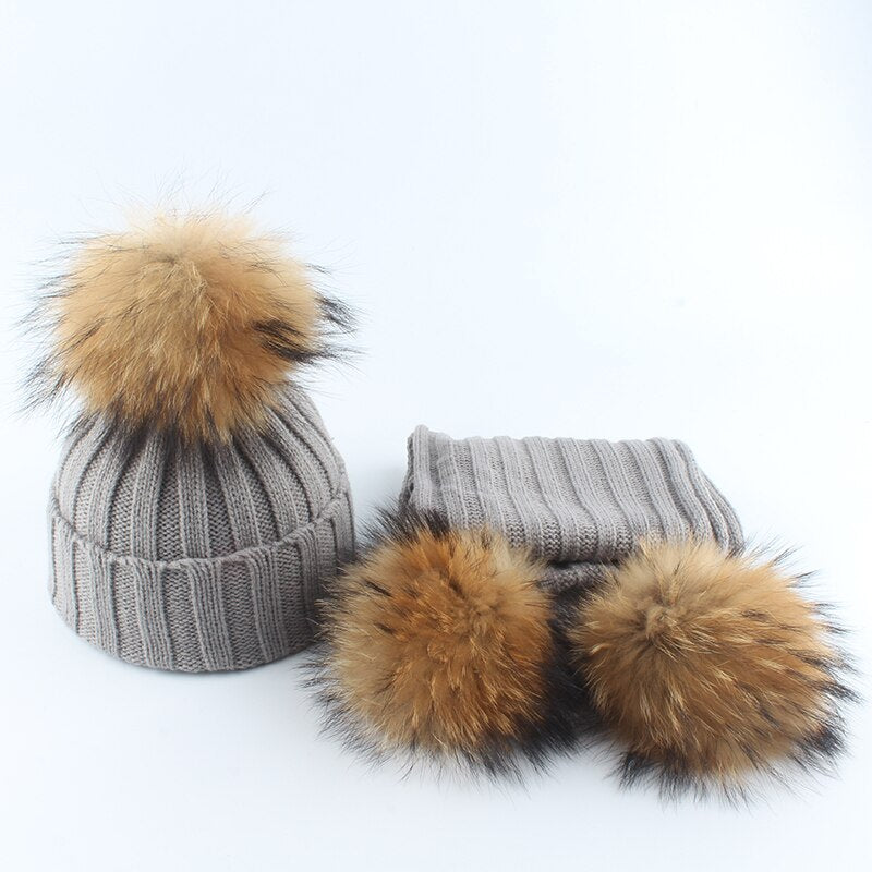 Children Real Fur Pompom Beanie Warm Knitted Hat and Scarf Set Boys Girls Winter Baby Cap