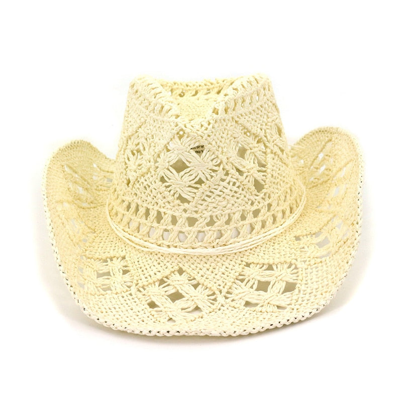 Summer Outdoor Men Women Hand-woven Western Cowboy Straw Hats Wide Brim Breathable Beach Jazz Cap Sun Protection Hat
