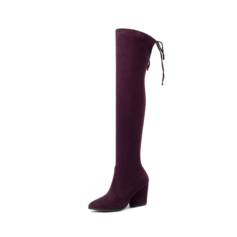 QUTAA 2021, zapatos de mujer, botas por encima de la rodilla, puntiagudos, zapatos de Otoño Invierno para mujer, tacones con pezuña, botas aterciopeladas para mujer, talla 34-43