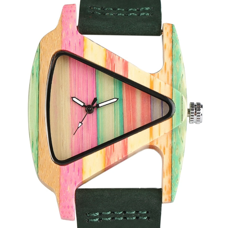 Reloj de madera colorido único, Reloj creativo con forma de triángulo, Reloj de hora para Mujer, pulsera de cuero de cuarzo, Reloj de pulsera para Mujer