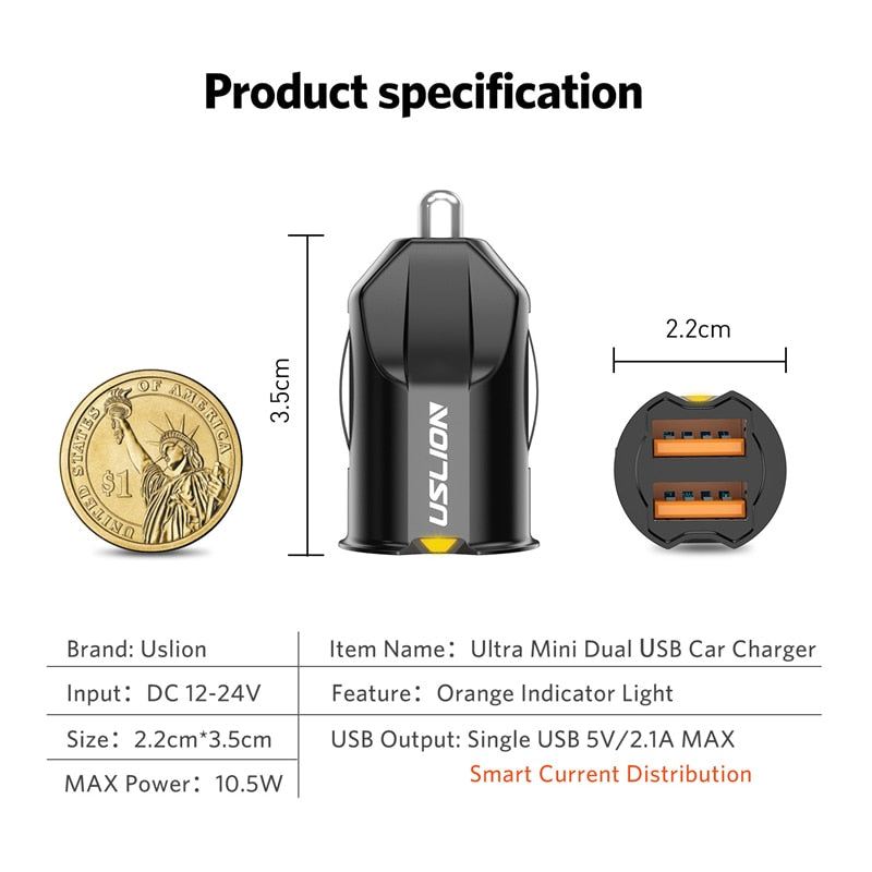 USLION Mini 2 Port USB Car Charger Adapter For iPhone Samsung QC3.0 Fast Charging USB Charger Mobile Phone Dual USB Car-charger