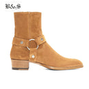 Black&amp; Street High Top Handmade Wyatt Harry Buckle Ring Strap Men Chelsea Boots Wedge Leather Denim Banquet Harness Boots