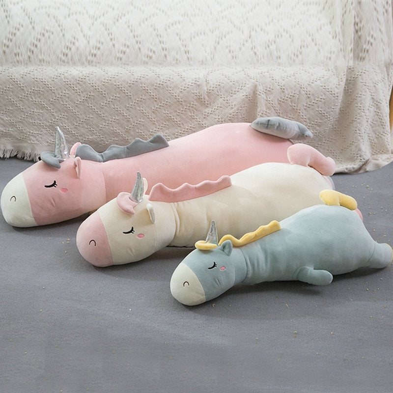 Unicornio de juguete suave gigante relleno de cuerno de plata unicornio almohada para dormir de alta calidad almohada de decoración de cama de animales cojín