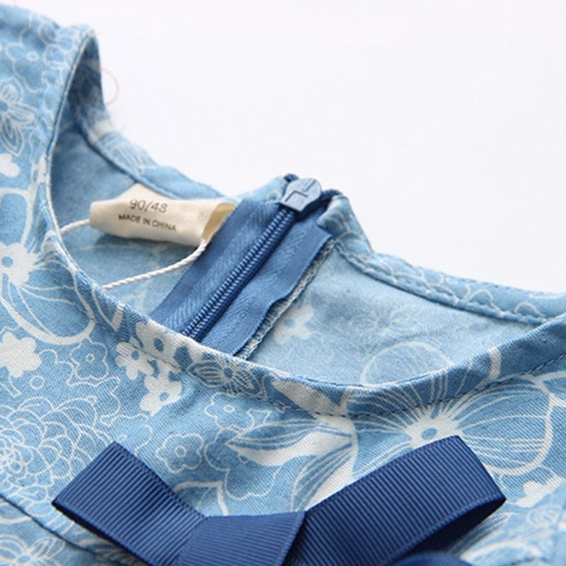 2021 primavera otoño 2-10T años regalo de cumpleaños para niños cuello redondo manga larga estampado de flores Denim azul lazo camisa linda para niñas