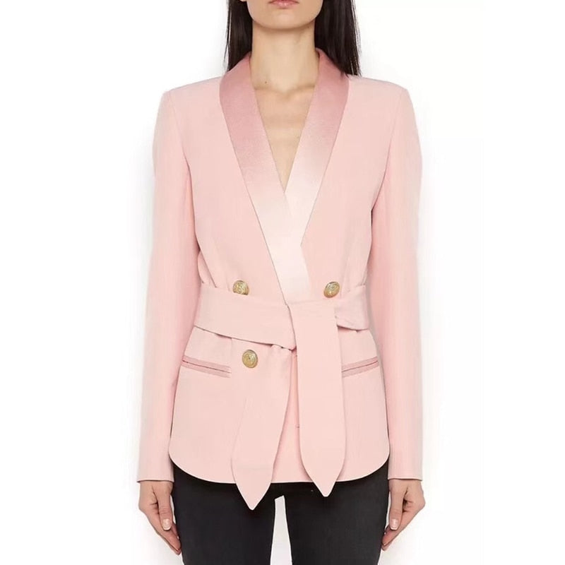 Chaqueta elegante de carrera con estilo de excelente calidad para mujer, cuello chal, botones de león, cinturón con cordones, chaqueta Blazer