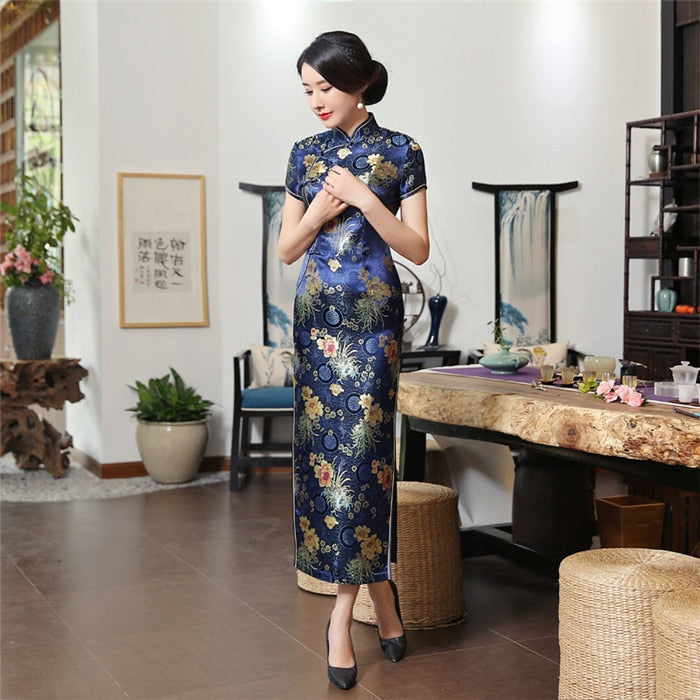 2021 New High Fashion Grün Rayon Cheongsam Chinesische Klassische Frauen Qipao Elegant Kurzarm Neuheit Langes Kleid S-3XL C0136-D