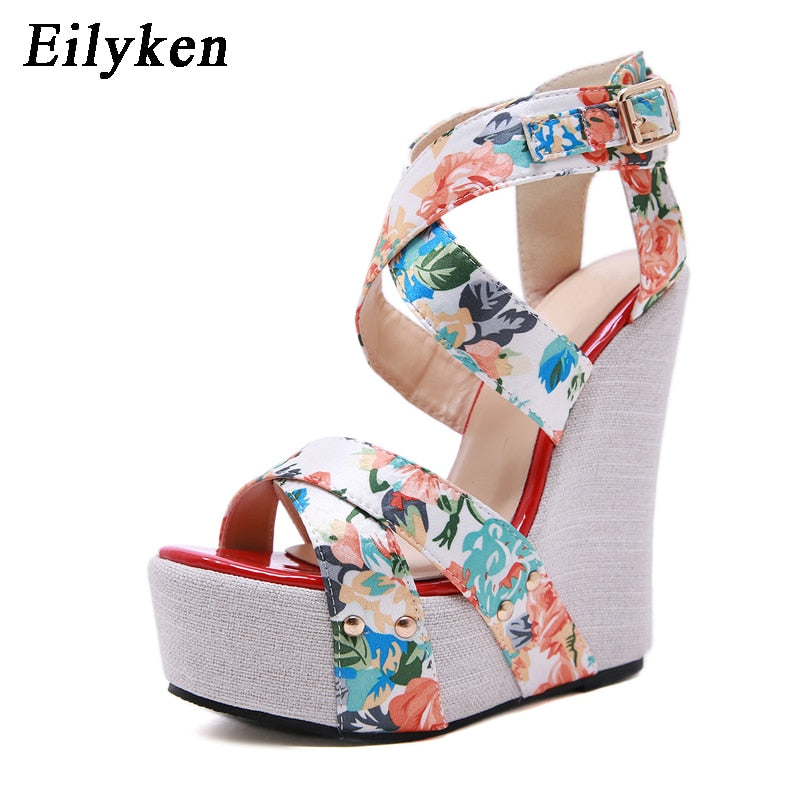 Eilyken Designer Hebilla Correa Plataforma Cuñas Sandalias de mujer Moda Seda Punta abierta Tacones altos Banquete Zapatos de fiesta