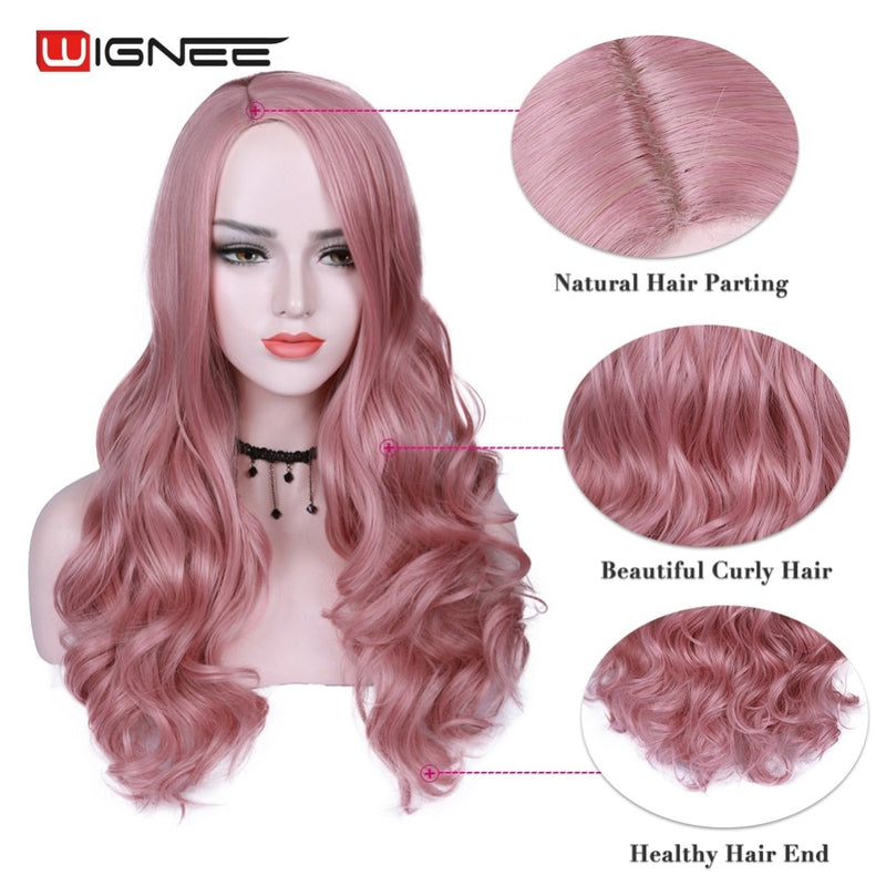 Wignee Synthetische Perücke mit rosa Haaren, lange gewellte Perücken, hitzebeständig, für Frauen, Alltag/Party, natürliche schwarze bis braune/lila/aschblonde Perücke