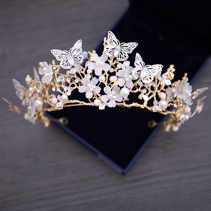 Luxus Kristall Perlen Perle Schmetterling Kostüm Schmuck Sets Blumen Strass Halsband Halskette Ohrringe Tiara Hochzeit Schmuck Set