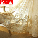 European Luxury Beige Yellow Elegance Embroidery Lace Floral Tulle Curtain For Living Room Kitchen French Window Drapes M086