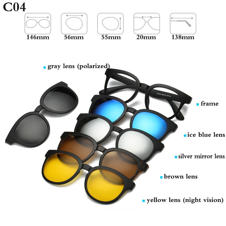 Fashion Optical Spectacle Frame Men Women With 5 Clip On Sunglasses Polarized Magnetic Glasses For Male Myopia Eyeglasses RS159