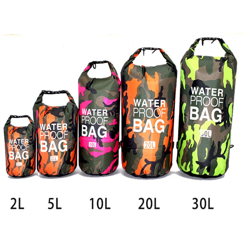 Mochila impermeable de camuflaje de PVC, bolsa de Rafting portátil para deportes al aire libre, bolsa seca de 2L 5L 10L 15L 20L 30L