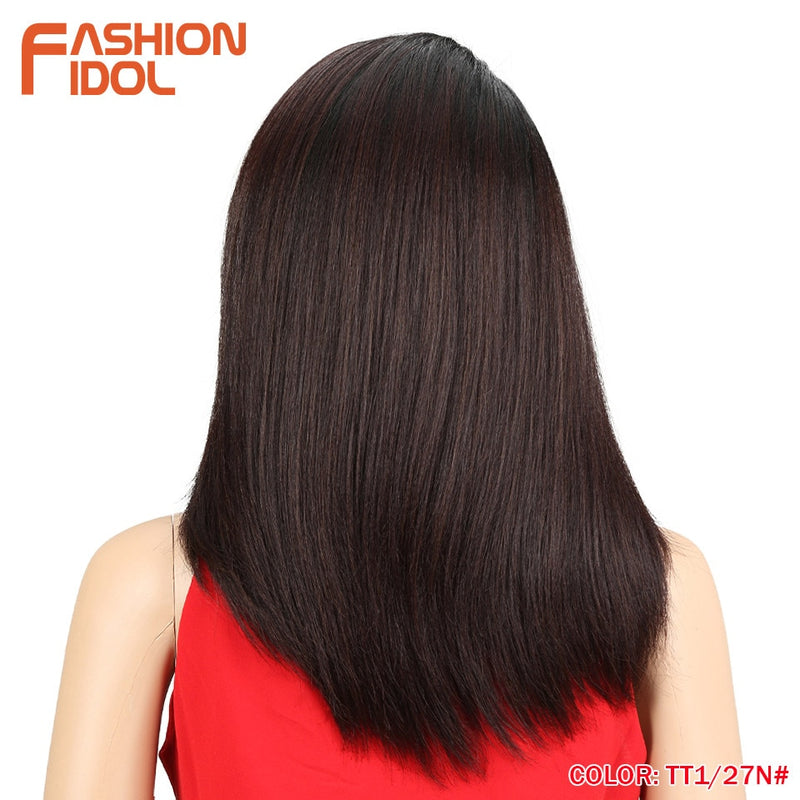 FASHION IDOL Wigs For black Women 18 inch Short Bob Hair Straight Synthetic Side Part Lace Wig Ombre Heat Resistant Cosplay Wig