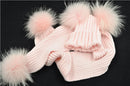 Winter Real Fur Scarf and Hat Set Kids Big Real Raccoon Fur Balls Hat Double Fur Pom Pom Beanies Children Girls Warm  Scarf Cap