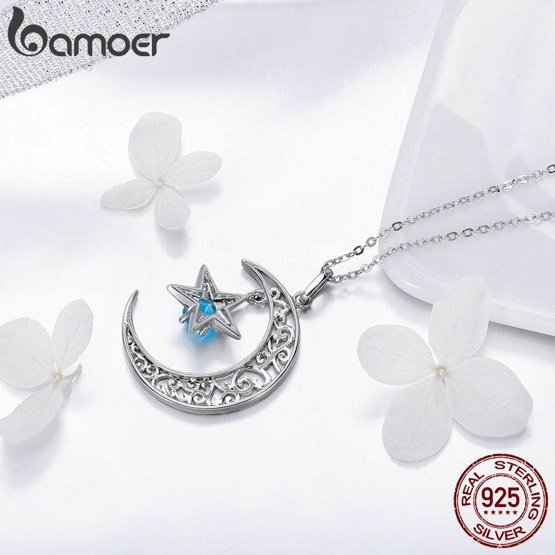 BAMOER Romantic 925 Sterling Silver Sparkling Moon And Star Necklaces Pendants for Women Fashion Necklace Jewelry Gift SCN278