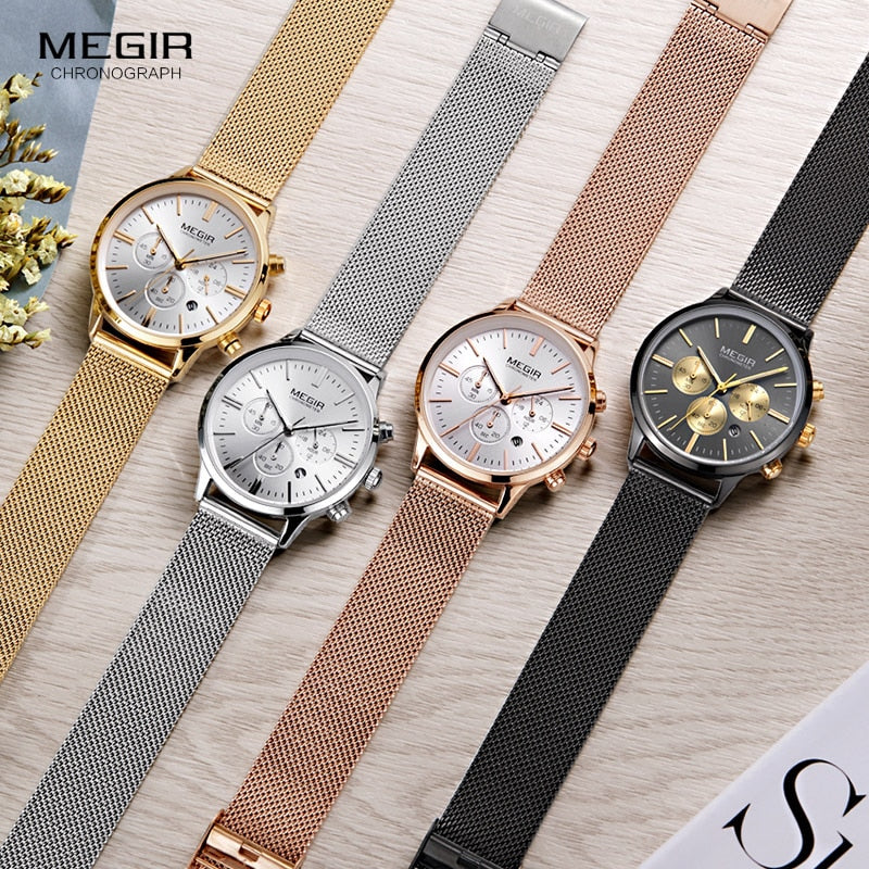 Megir Women's Chronograph Luminous Hands Date Indicator Stainless Steel Mesh Strap Quartz Wrist Watches Lady Rose Gold M2011L-1