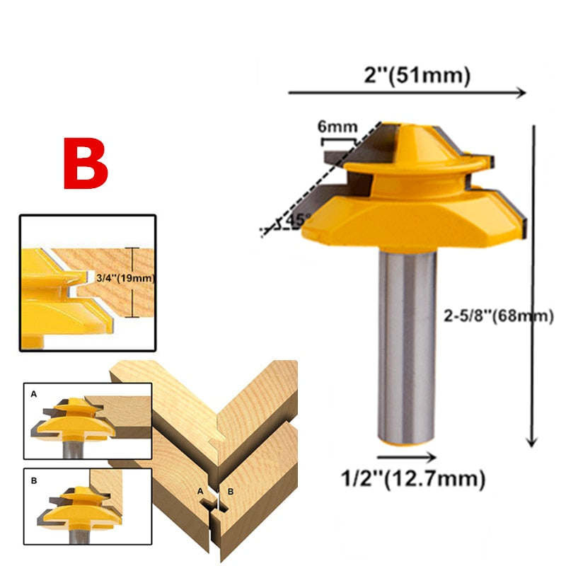 Broca de enrutador de inglete de bloqueo de 45 grados 6,35mm/8mm/12,7mm fresa de espiga de madera de vástago para herramientas de carpintería de carpintero de madera contrachapada MDF