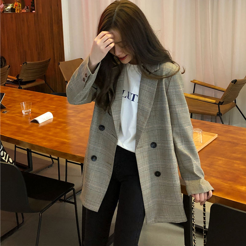 Büro Damen Kerbkragen Plaid Frauen Blazer Zweireiher Herbst Jacke 2021 Casual Taschen Weibliche Anzüge Mantel