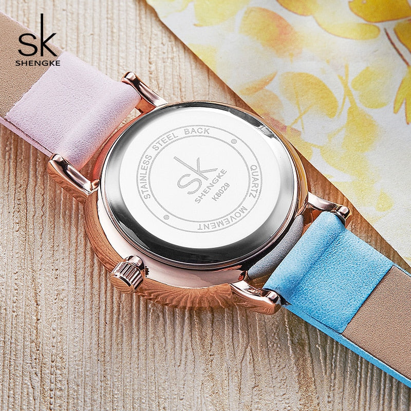 Relojes de cuero de Color creativo Shengke, reloj de cuarzo para mujer, reloj femenino SK, reloj de pulsera para mujer, reloj para mujer