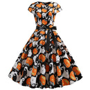 Pumpkin Print Halloween Women 2022 Summer O Neck Short Sleeve Party Robe Femme Elegant Vintage Dresses