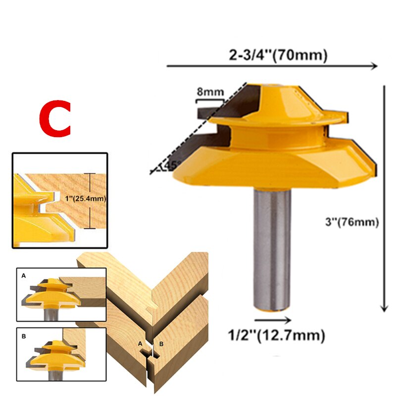 Broca de enrutador de inglete de bloqueo de 45 grados 6,35mm/8mm/12,7mm fresa de espiga de madera de vástago para herramientas de carpintería de carpintero de madera contrachapada MDF