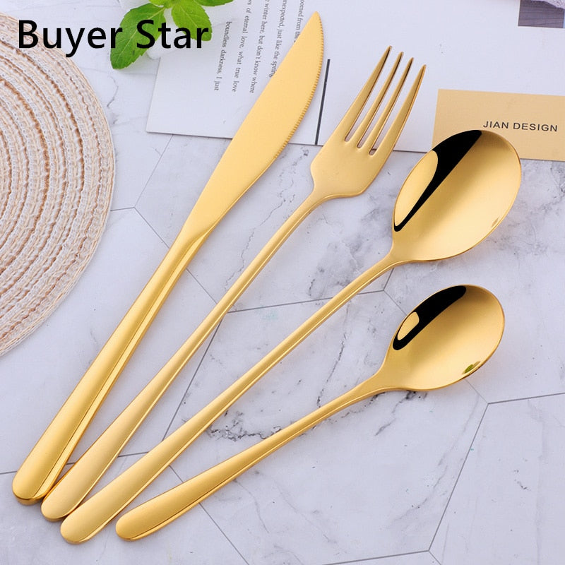 Hot Sale 4 Pcs/Set Tableware Set Stainless Steel Cutlery Long Handle Knife Spoon Fork Sald Spoon Korean Style 8 Colors Flareware