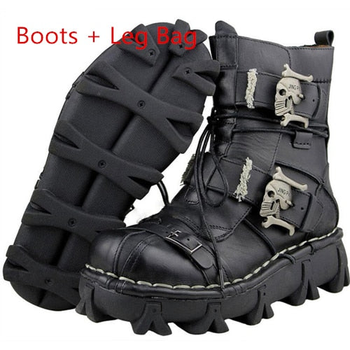 Bundle 2 (2 items) - Handmade Leather Skull Boots, High Quality Leg Bag
