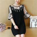 Fashion Elegant Patchwork Floral Lace Chiffon Dress Flare Short Sleeve Black Summer Dress Casual Plus Size Dress Women 2724 50
