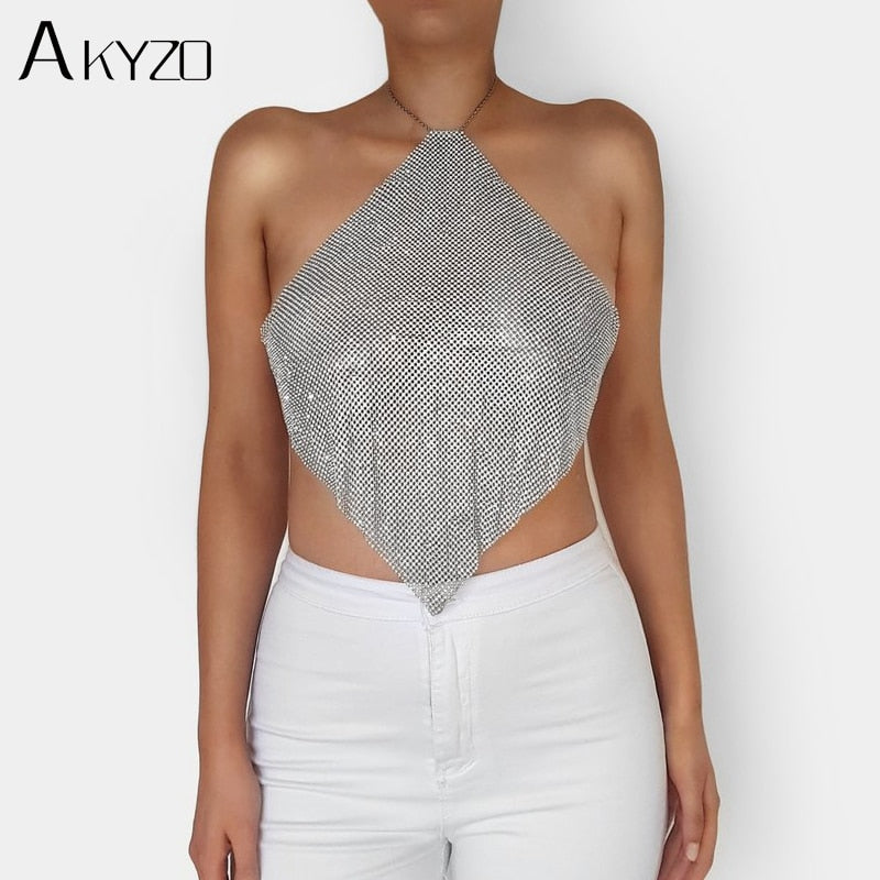 AKYZO Women Luxury Handmade Rhinestones Camis Backless Metal Chain Nightclub Tops Summer Party Club Gold Diamond Tank Tops