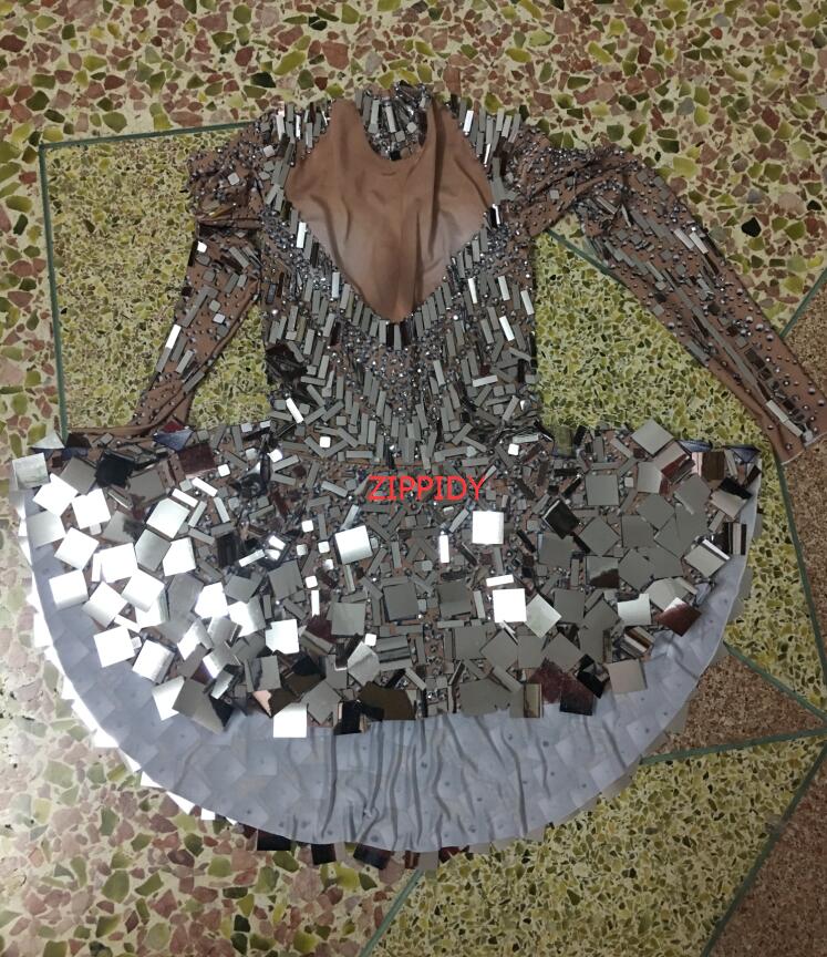 Shining Silver Mirrors Stone Dress Sängerin Tänzerin Heller Bodysuit Kostüm Einteiliges Nachtclubkleid Oufit Partykleider